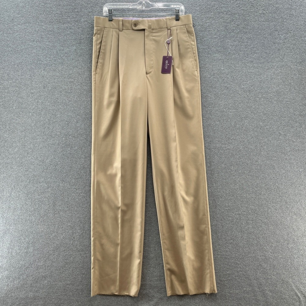 Aristo Eighteen Dress Pants Mens 33 Stone Tan Aberdeen Wool Pleated Unfinished